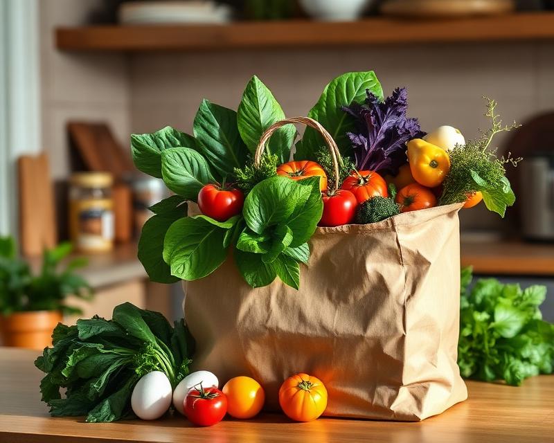 A paper grocery bag overflowing with fresh produce and staples