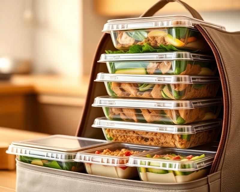 Stacked ready-to-eat meal containers packed in an insulated delivery bag